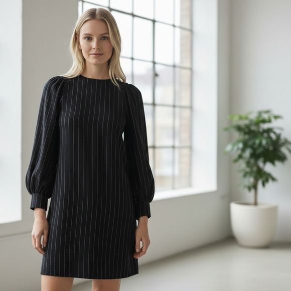 Ganni Dresses & Skirts - Ganni Pinstripe Balloon Sleeve Dress Black‎ White Size 34 Puff Sleeve Shift